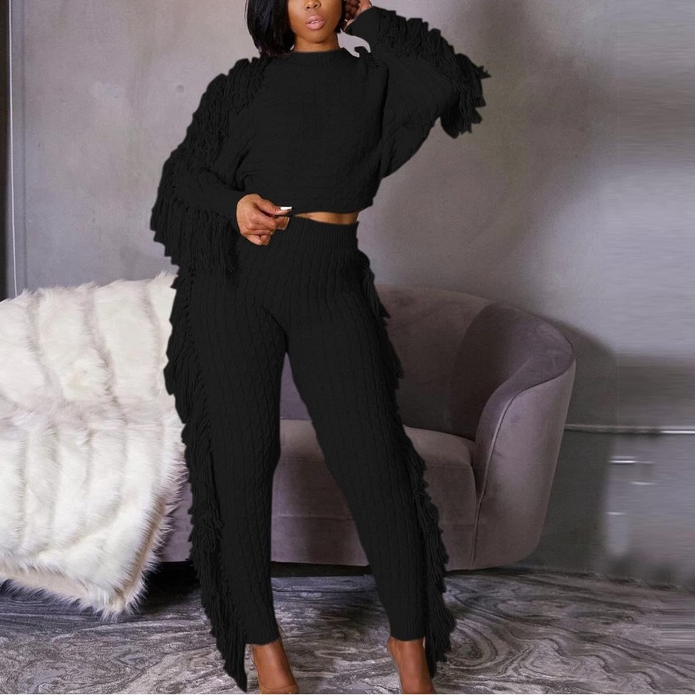 NWT Black Fringe Cable Knit Sweatsuit Set